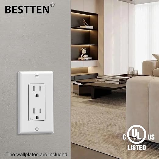 BESTTEN 50 Pack Receptacle Outlets, 15 Amp Wall Outlet, UL Listed, Tamper Resistant Electrical Outlet, Decorator Receptacles for Residential and Commercial Use, 125V/1875W, Wall Plate Included, White