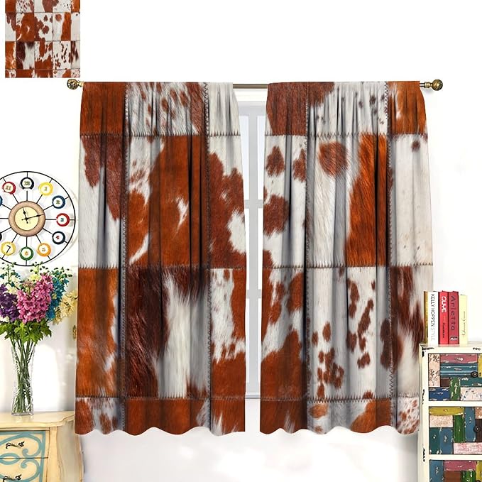Cowhide Blackout Curtain, Rustic Farmhouse Animal Spotted Brown Cow Texture Print Drapes, Window Treatments Rod Pocket 2 Panels Curtains for Living Room Bedroom Cafe Office Decor 42"W X 54"L