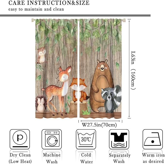 Forest Animal Kids Curtains, Wild Rustic Bear Fox Deer Children Cartoon Window Treatments for Living Room, Watercolor Navy Blackout Drapes 2 Panel Sets,55x63 Inch