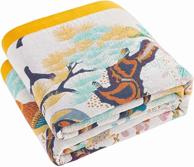 XIBLC Fall Throw Blanket for Couch, Yellow Boho Decorative Throw Blanket, 100% Cotton Muslin Breathable Woven Farmhouse Blankets Quilt, 50"x60" Reversible Lightweight Blankets Bohemian Throw Quilt