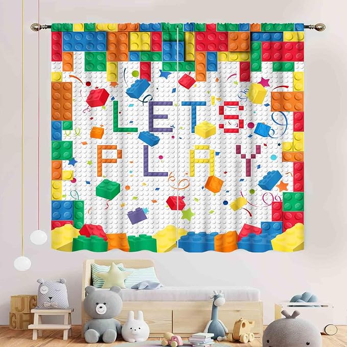 Building Blocks Curtains for Boys Room, Abstract Colorful Plastic Building Brick Blocks Geometric Printed Pattern Window Treatment Drapes for Kids Baby Bedroom Living Room, 42"x63" Inch