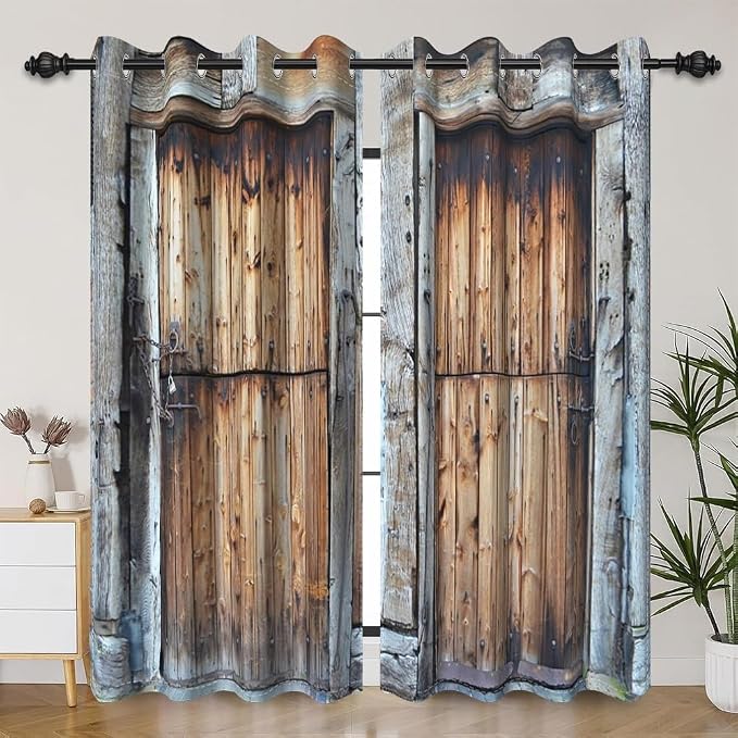 Rustic Barn Door Window Curtains Vintage Dilapidated Wooden Door Curtains Window Drapes for Living Room Bedroom Rural Farmhouse Farm Kitchen Window Treatment,53x96 inch,2 Panels