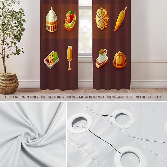 Shrahala Happy Thanksgiving Day Thermal Insulated Blackout Window Curtains, Pumpkin Turkey Bird Leaves Long Drapes for Bedroom/Living Room with Plastic Grommet, 52X84 Set of 2