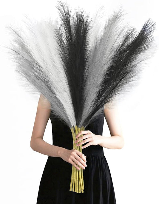 Agusbagli 8 Pcs Black Faux Pampas Grass Decor 35“ Fluffy Tall Artificial Colored Pampas Grass Large Fake Pompous Grass Stems White Flower Arrangement Floor Vase Filler for Home Wedding Boho Decor