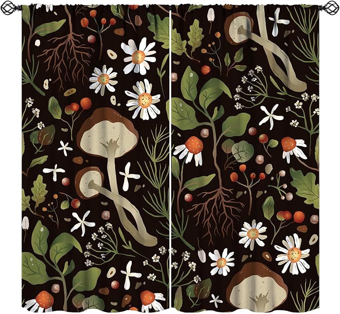 Rustic Mushroom Curtains, Vintage Woodland Wild Chamomile Flowers Mushroom Plants Leaves Print Blackout Window Drapes for Kitchen Bedroom Livingroom, 42" W X 54" L