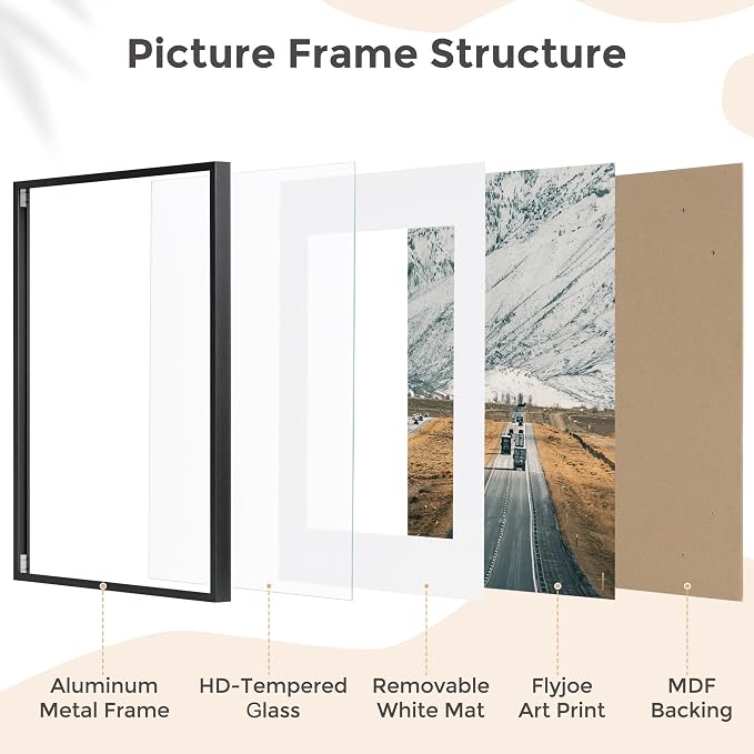 FLYJOE 12x16 Metal Picture Frame For Wall With Mat For 9x12, 12''x16'' Aluminum Certificate Document Frames With Tempered Glass, Minimalist Modern Poster Frame Horizontally And Vertically, Black