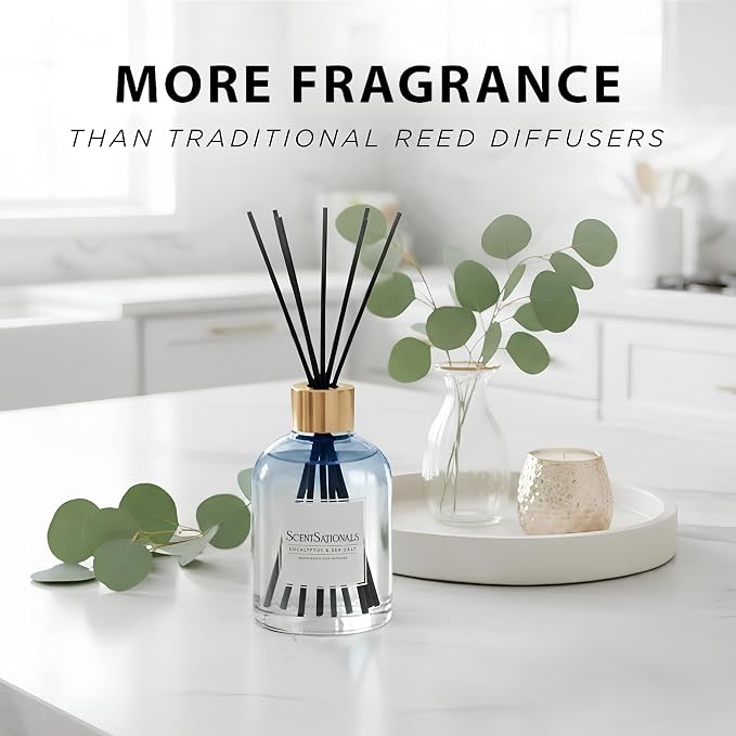 ScentSationals Water-Based Reed Diffuser - Eucalyptus & Sea Salt - 5 FL OZ Aromatherapy Reed Diffuser