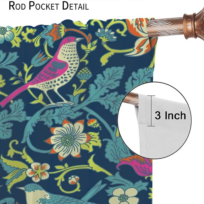 Boho William Morris Art Blackout Window Curtains, Magical Forest Vintage Flowers and Birds Rod Pocket Curtains, for Living Room Bedroom 36(W)*63(L) 2 Panels