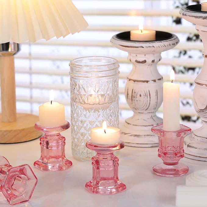 Lanttu 12 Pcs Pink Candlestick Holders Bulk Glass Candle Holders 2.9"x3.08" | Crystal Taper Candle Holder for Wedding, Table Centerpiece, Home Decoration