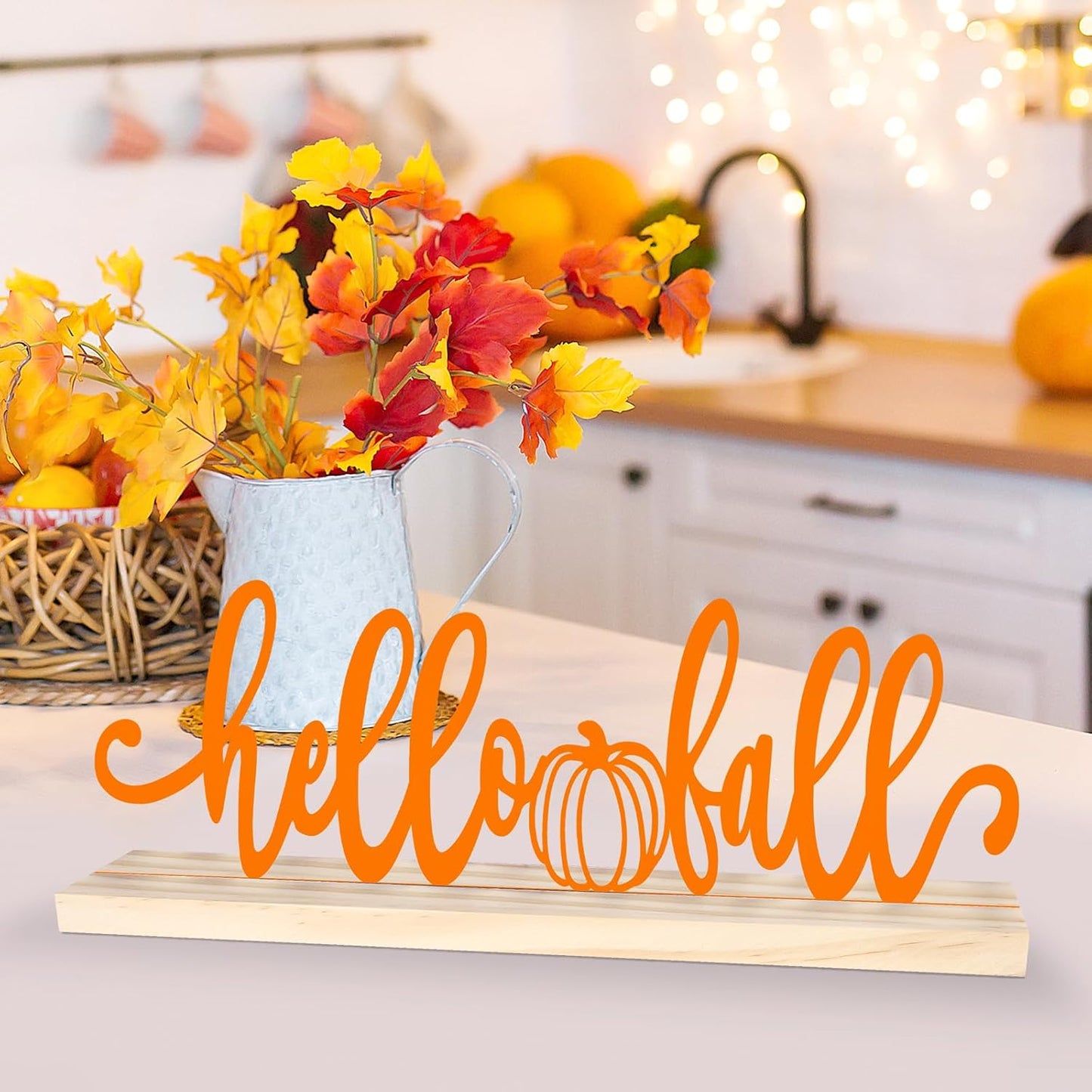 COCHIE Metal Hello Fall Sign, Orange Fall Decorations for Home, Office, Shelf, Mantel, Indoor, Autumn Decoration, Pumpkin Decor (Autumn B)