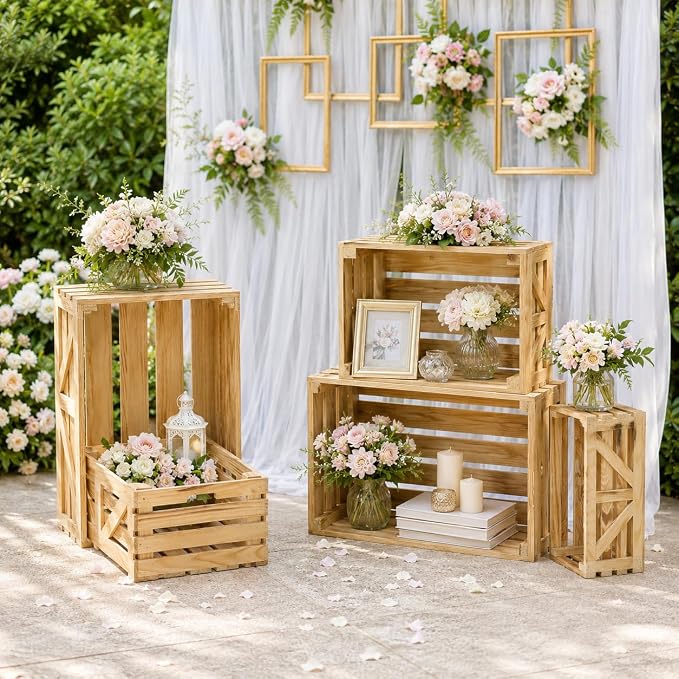 5 Pcs Wooden Crates for Display, Nesting Wood Crate for Storage, 5 Size | Farmhouse Weddings Wooden Basket for Storage Container and Decorations, Rustic Wood Crates for Farmers Market, Birthday, DIY