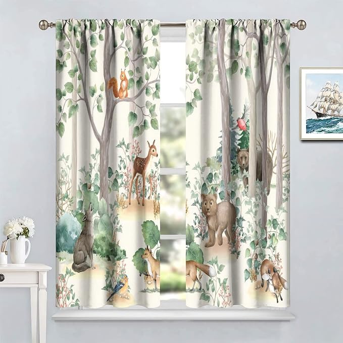 Forest Animal Kids Curtains, Wild Rustic Bear Fox Deer Children Cartoon Window Treatments for Living Room, Watercolor Blackout Drapes 2 Panel Sets,63x63 Inch