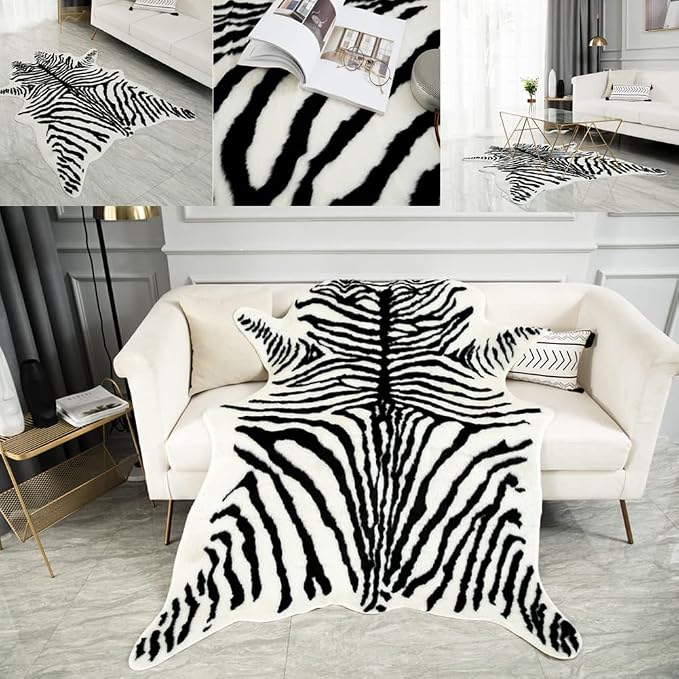 Zebra Print Rug Faux Animal Print Skin Area Rug Cowhide Western Decor Cute Carpet for Bedroom Living Room, 4.9x6.6 Feet