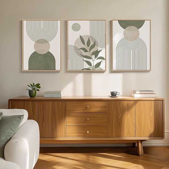 Framed Sage Green Boho Wall Art Bedroom, 3 Piece Beige Bohemian Canvas Paintings Prints Artwork for Walls, Minimalist Geometric Leaf Line Pictures for Living Room Hallway Kitchen Wall Decor, 12x16 In