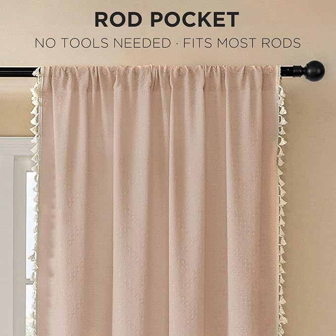 Joydeco Dusty Pink Boho Curtains 84 Inch Length 2 Panels, Super Soft Bohemian Farmhouse Curtains with Tassels, Semi Sheer Light Filtering Drapes for Bedroom Living Room (Rod Pocket, 52Wx84L)