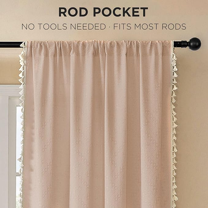 Joydeco Dusty Pink Boho Curtains 96 Inches Long 2 Panels, Super Soft Bohemian Farmhouse Curtains with Tassels, Semi Sheer Light Filtering Drapes for Bedroom Living Room (Rod Pocket, 52Wx96L)