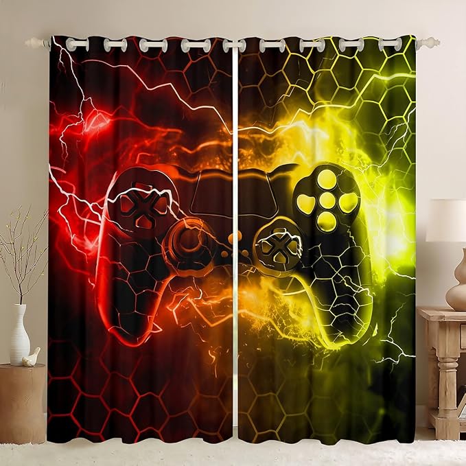 Feelyou Kids Boys Red Yellow Gamer Darkening Drapes Honeycomb Gaming Blankout Curtains for Toddler Lightning Gamer Window Curtains Game Room Decor Window Treatments (2 Panels, 52 x 63 Inch)