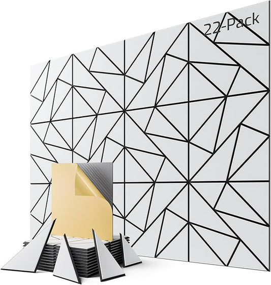 22-Pack Felt Acoustic Panels,12"x12"x0.4" Soundproof Wall Panels, Peel & Stick Sound Proof Foam Panels for Walls, Geometric Noise Reduction Panels for Home Office,Studio (White on Black)