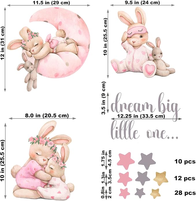 Pink Bunny Nursery Wall Decals-Baby Girl Room Rabbit Wall Decor, Animal Stickers for Kids Playroom, Toddler Bedroom and Nursery Decoration, Removable Vinyl Decals, Peel and Stick Easy to Apply.