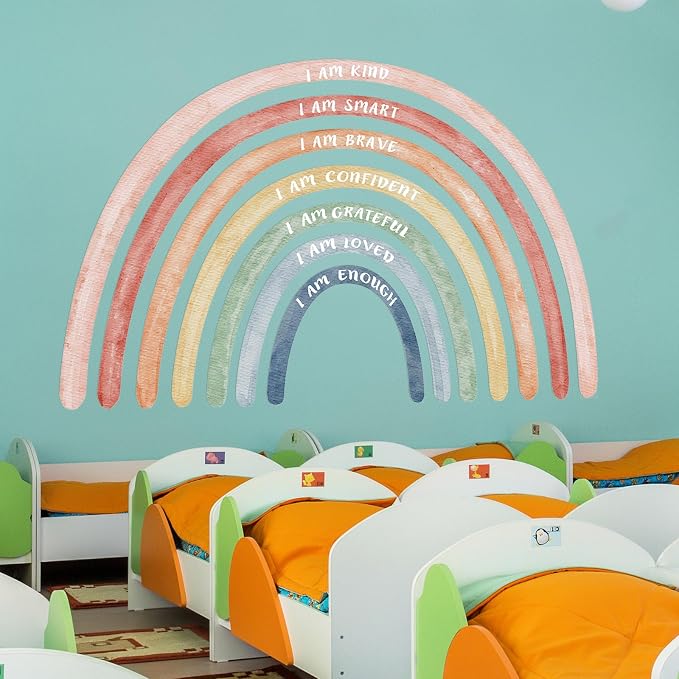 Tinideya 77" x 47'' Large Watercolor Rainbow Wall Decal with Inspirational Quote, Peel and Stick Rainbow Stickers Watercolor Vinyl Wall Mural Art for Girls Toddlers Playroom Bedroom Classroom(Cute)