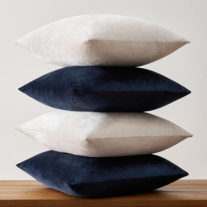 GIGIZAZA Decorative Velvet Pillow Covers - 16x16 Throw Pillows Soft Navy Blue Beige Covers Accent for Couch Living Room Bed Square Modern Luxury Cushion Covers Home Decor Set of 4