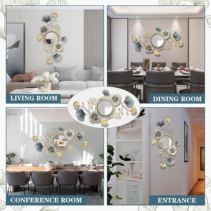 Metal Wall Mirrors Decor, Large Ginkgo Leaf Wall-Mounted Mirrors, Big Wall Decor Mirror, 3D Creative Modern Hanging Wall Mirrors Decorative, for Living Room Bedroom Entryway Bathroom (59X33 Inch)