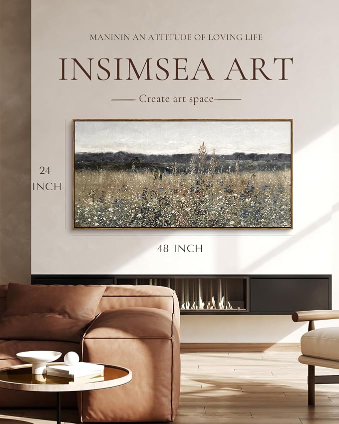 InSimSea Extra Large Framed Vintage Wall Art, Living Room Country Farmhouse Decor, Flower Meadow Landscape Paintings, Canvas Prints, Retro Scenery Long Pictures for Bedroom Above of Bed,24x48inch