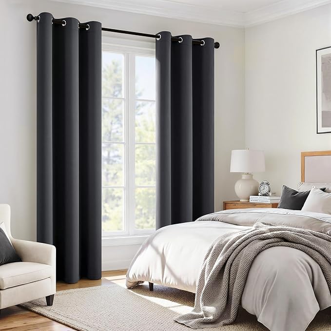 MIULEE Grey 100% Blackout Curtains for Bedroom 90 Inch Long, 2 Thick Layers Thermal Insulated Black Out Window Curtains with Black Liner, Noise Reducing Grommet Living Room Drapes 2 Panels Set