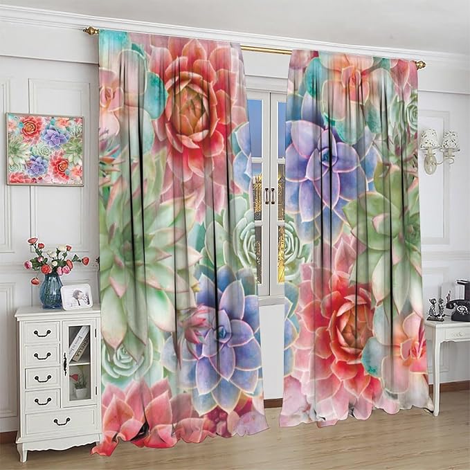 Boho Cactus Floral Curtain Tropical Colorful Succulent Plants Beautiful Flower Retro for Home Kitchen Restaurant Decoration Drapes 2 Panels 42x45 Inch, Style-5