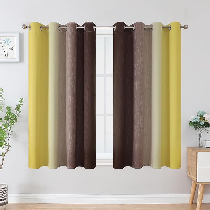 Estelar Textiler Brown and Yellow Blackout Curtains 45 Inch Length, Full Light Blocking Gradient Drapes for Bedroom, Thermal Insulated Grommet Ombre Curtains for Bathroom, 52Wx45L, 2 Panels