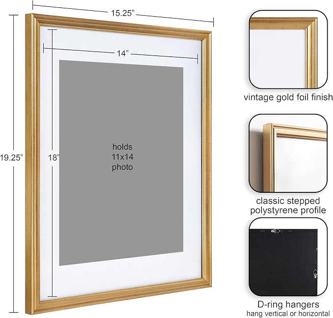 Kate and Laurel Adlynn Wall Picture Frame Set, 14" x 18" matted to 11" x 14", Gold, Set of 3