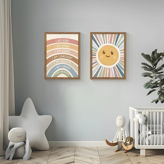 2 Piece Framed Boho Rainbow Kids Room Wall Art 12x16 Inch | Positive Affirmations Playroom Wall Decor, Sun Smiley Face Nursery Painting Canvas Prints for Classroom Toddler Room Decor