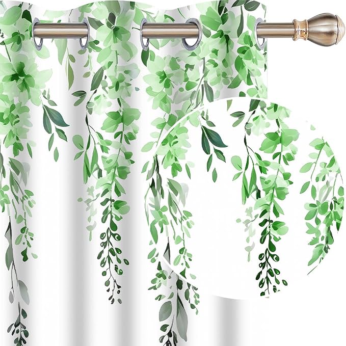 Green Watercolor Floral Curtains, Botanical Leaves Vine Flowers Curtain, Rustic Farmhouse Flower Leaf Blackout Window Treatment Drapes for Bedroom Living Room 42x63 inch, 2 Panels