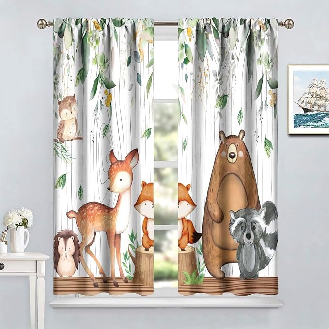 Forest Animal Curtains, Watercolor Wild Animal Bear Fox Deer Kids Window Treatments for Living Room Bedroom,Green Woodland Tree Kids Drapes 2 Panel Sets,55x63 Inch
