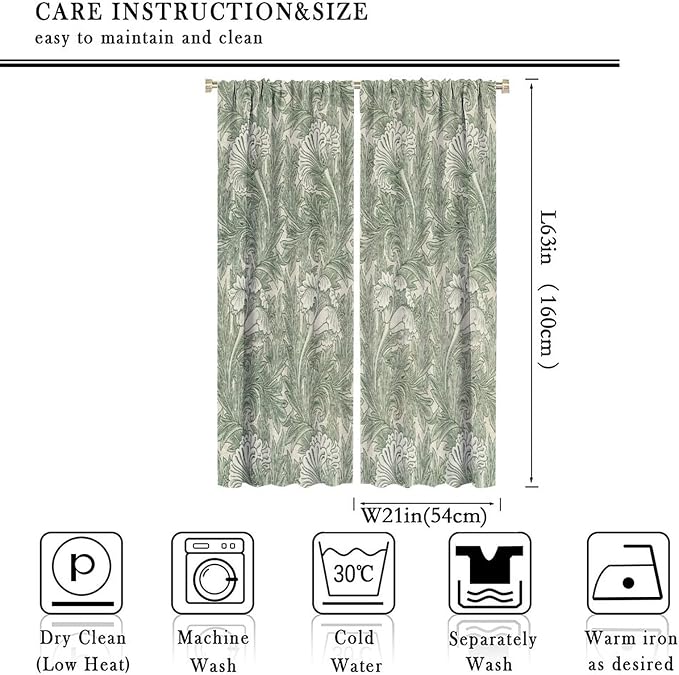 Bohemia William Morris Art Blackout Window Curtains, Vintage Flowers and Foliage Rod Pocket Curtains, for Living Room Bedroom 21(W)*63(L) 2 Panels