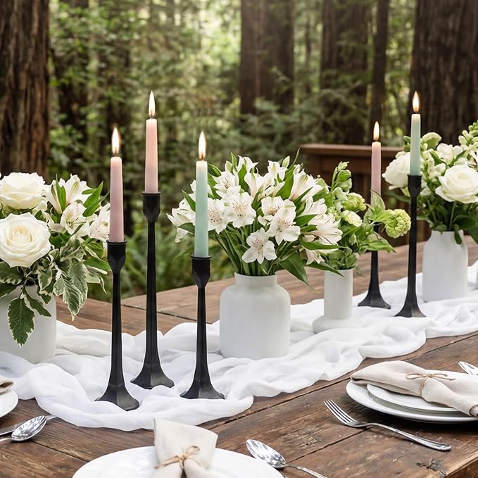 Black Iron Taper Pillar Candle Holders Set of 3, Candlestick Holders Rustic Vintage Decorations, Tall Candle Stand for Home Decor Mantle Dining Coffee Table Outdoor Wedding-11.8"+13.8"+15.4"