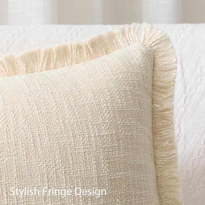 Kevin Textile 14x36 Inch Long Lumbar Pillow Cover 1 Pack Boho Fringe Decorative Rectangle Cushion Case with Tassels Neutral Cotton Woven Textured Farmhouse for Living Room Couch Sofa Bed, Beige