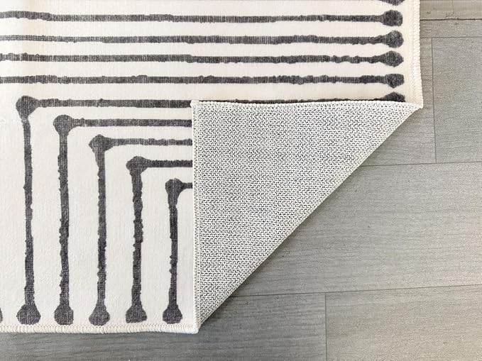 GLN Rugs Contemporary Collection - Machine Washable Area Rug, Contemporary Washable, Non Slip, Low Pile Chenille Rug, Living Room, Bedroom, Kitchen Rug (4' x 6' Black Beige)