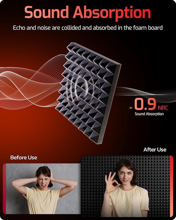 Acoustic Panels 12 pack Pyramid Self-Adhesive Upgrade,3"X12"X12" Sound Proof Foam Panels for Walls Quickly-Expand,Acoustic Wall Panels High Density Sound Absorbing for Gaming&Studio Decor,Black