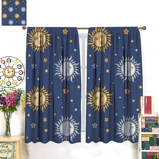 Vintage Sun Moon Bohemian Blackout Window Curtains, Retro Boho Style Print Rod Pocket Window Drapes, for Living Room Bedroom 72x63in 2 Panels