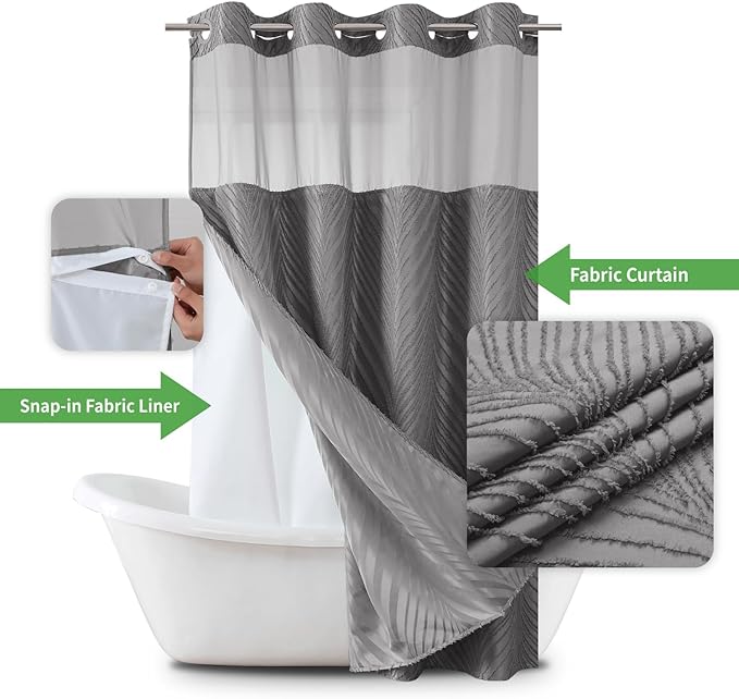 eachope stall no Hook Tufted Shower Curtain with snap in Liner Set, White Waterproof Fabric Inner Liner,Boho Style Shower Curtain with See Through top Window, WarmGrey, 54Wx80H