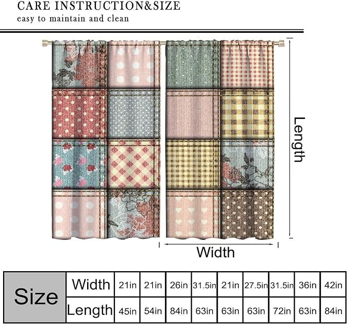 Boho Floral Patchwork Curtains Flower Boho Checkered Polka Dots Patchworkt Window Drapes for Bedroom Living Room Kitchen Cafe （W20xL45 Inch） x2 Decor