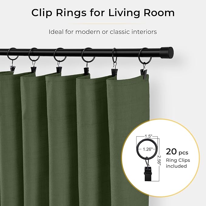 INOVADAY 100% Blackout Curtains for Bedroom, Black Out Curtains 80 Inch Long, Clip Rings Linen Blackout Drapes, Thermal Insulated Room Darkening for Living Room, 2 Panels - Olive Green,W50xL80
