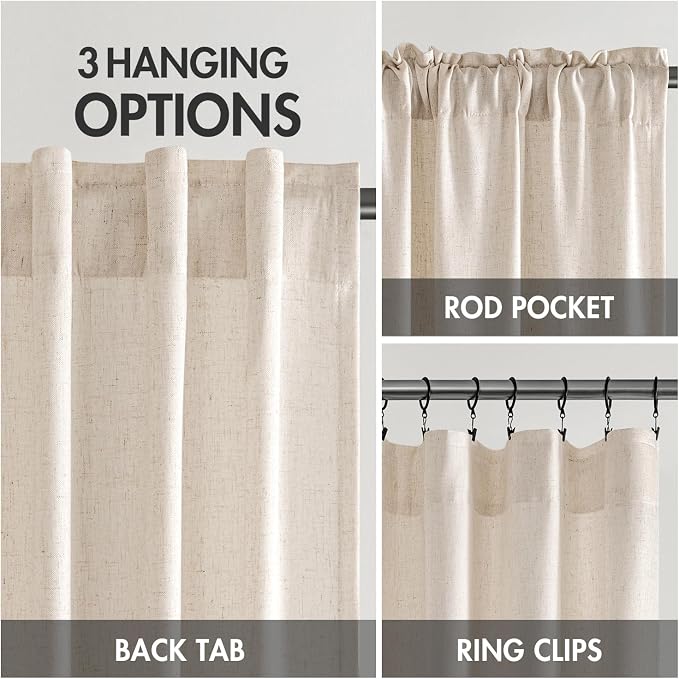 MIULEE Non-See-Through Privacy Linen Curtains 2 Panels, Light Filtering Window Curtains Farn House Textured Back Tab Semi Sheer Drapes for Bedroom Living Room, 52 x 108 Inches Long, Birch