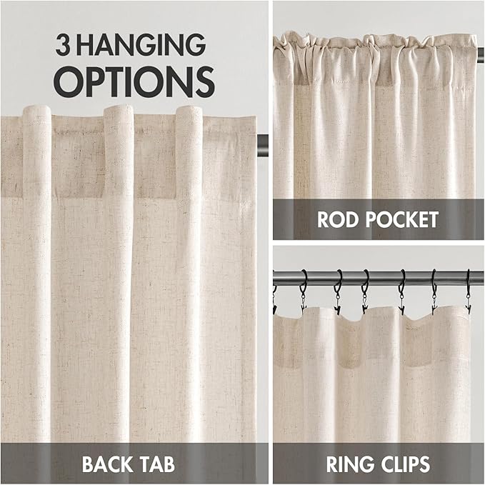 MIULEE Non-See-Through Privacy Linen Curtains 2 Panels, Light Filtering Window Curtains Farn House Textured Back Tab Semi Sheer Drapes for Bedroom Living Room, 52 x 63 Inches Long, Birch