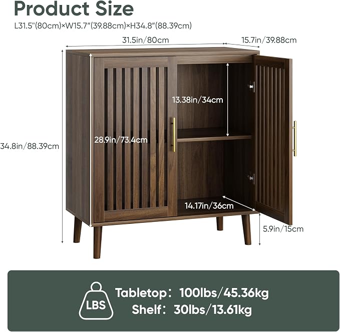 Smart FENDEE Sideboard Cabinet, 31.5" W Farmhouse Buffet Cabinet with Slatted Doors & Adjustable Shelf, Wood Coffee Bar Storage Station for Kitchen, Dining Room, Living Room, Entryway, Walnut Color
