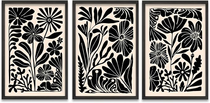 TQianJiang Flower Plant Sign Wall Decor 24"x16" Set of 3 Black And White Botanical Painting Wood Framed for Bedroom Abstract Wildflower Hanging Art (Black)