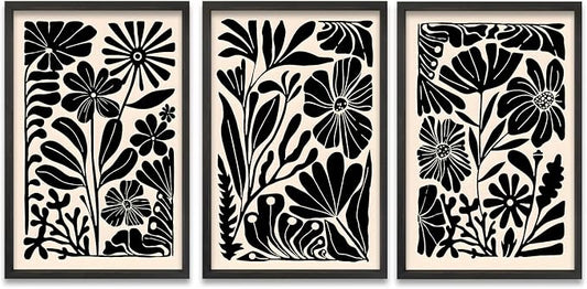 TQianJiang Flower Plant Sign Wall Decor 24"x16" Set of 3 Black And White Botanical Painting Wood Framed for Bedroom Abstract Wildflower Hanging Art (Black)