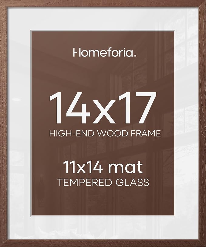 Homeforia 14x17 Picture Frame Brown, High End Dark Oak 14x17 Wooden Frames with Mat 11x14, 14 x 17 Walnut Wood Poster Frame Matted to 11 by 14, 17x14 Hanging Frames, Tempered Glass, Wall Kit, Set of 1