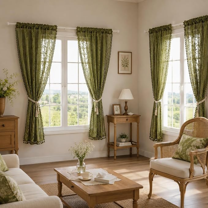 WAZZIO Boho Lace Curtains 2 Panels 63 Inch -Victorian Sheer Panel Drape French Country Floral Pattern & Tassel Light Filtering Privacy for Bedroom Dining Living Room,Coastal Decor,Olive Green,W52x L63